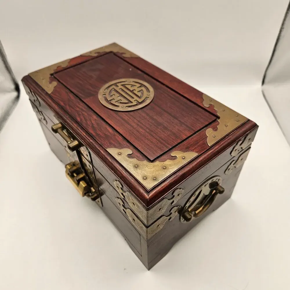 CHINESE STYLE WOODEN JEWELRY BOX W KEY BRASS LOCK RED LINED ORGANIZER